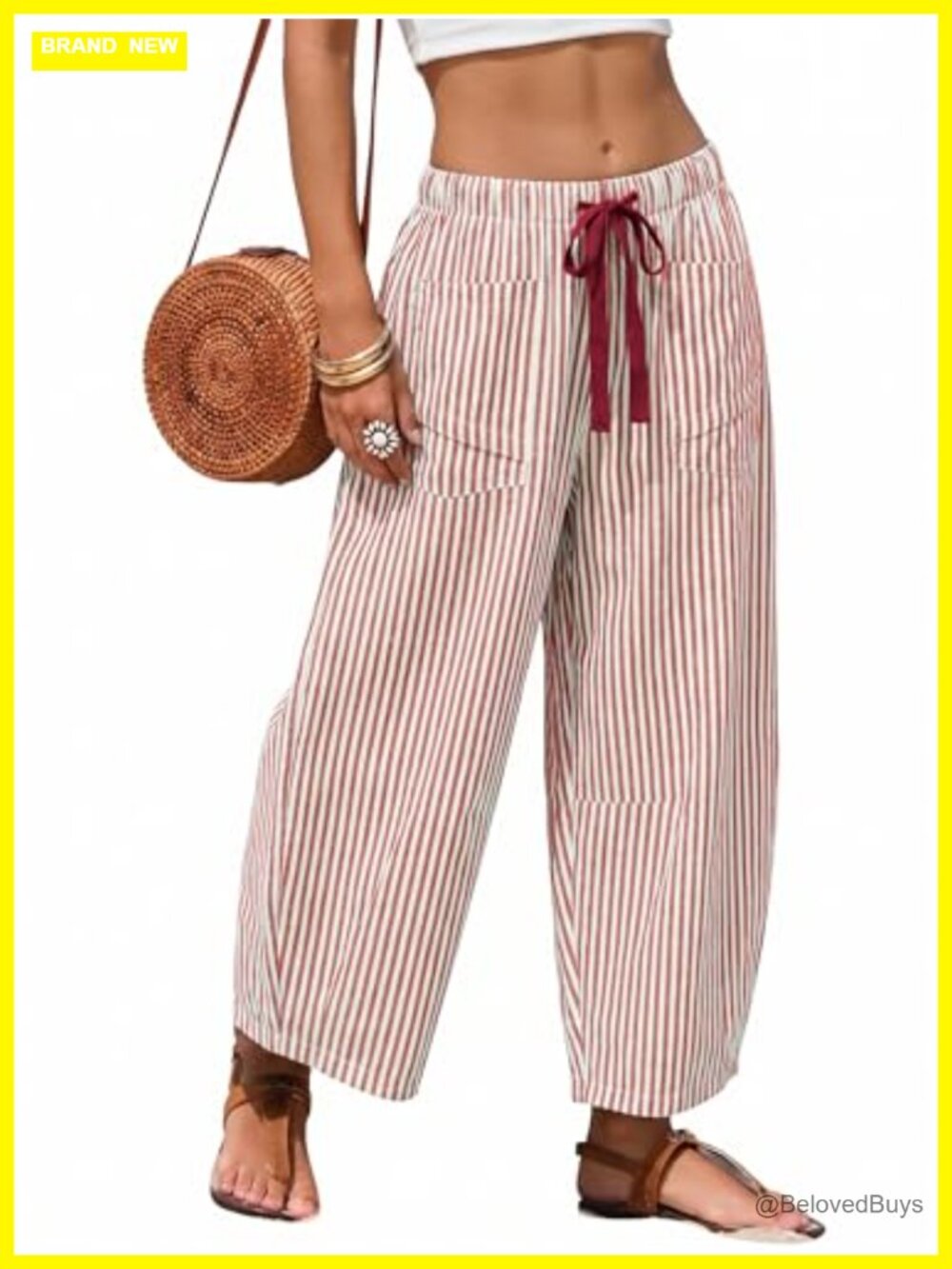 Women's Striped Barrel Pants Wide Leg Drawstring High Rise Cropped Trousers